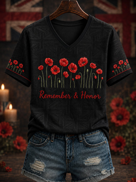 Women's Remembrance Day Printed V-neck T-shirt