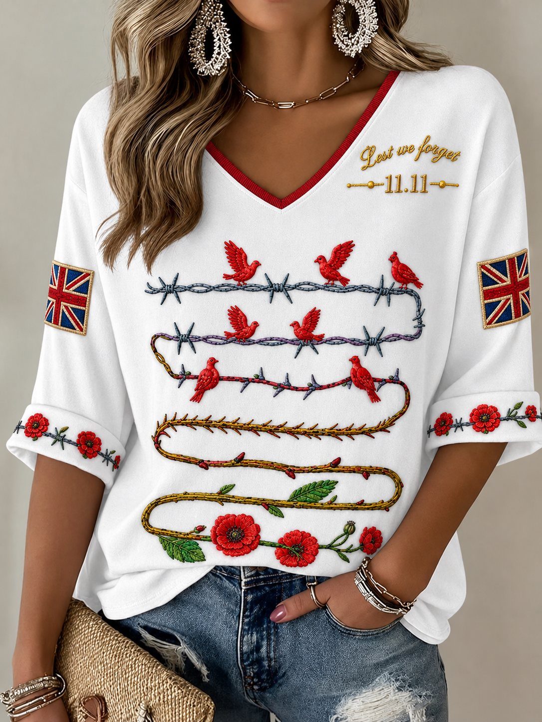 Women's Remembrance Day Mid-length Sleeves V-Neck T-Shirt
