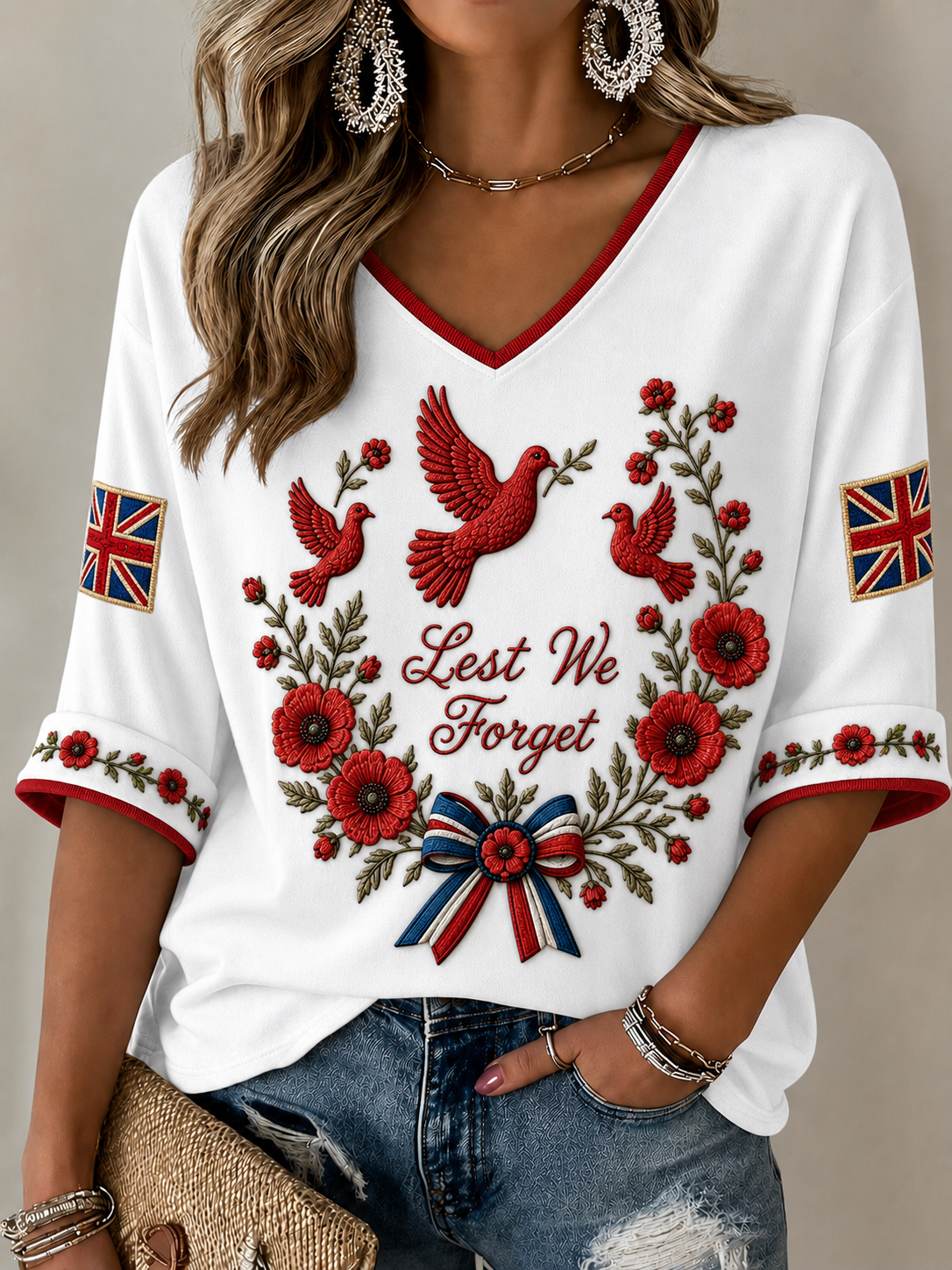 Women's Remembrance Day Mid-length Sleeves V-Neck T-Shirt