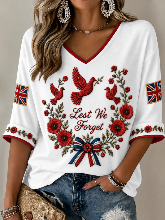 Women's Remembrance Day Mid-length Sleeves V-Neck T-Shirt