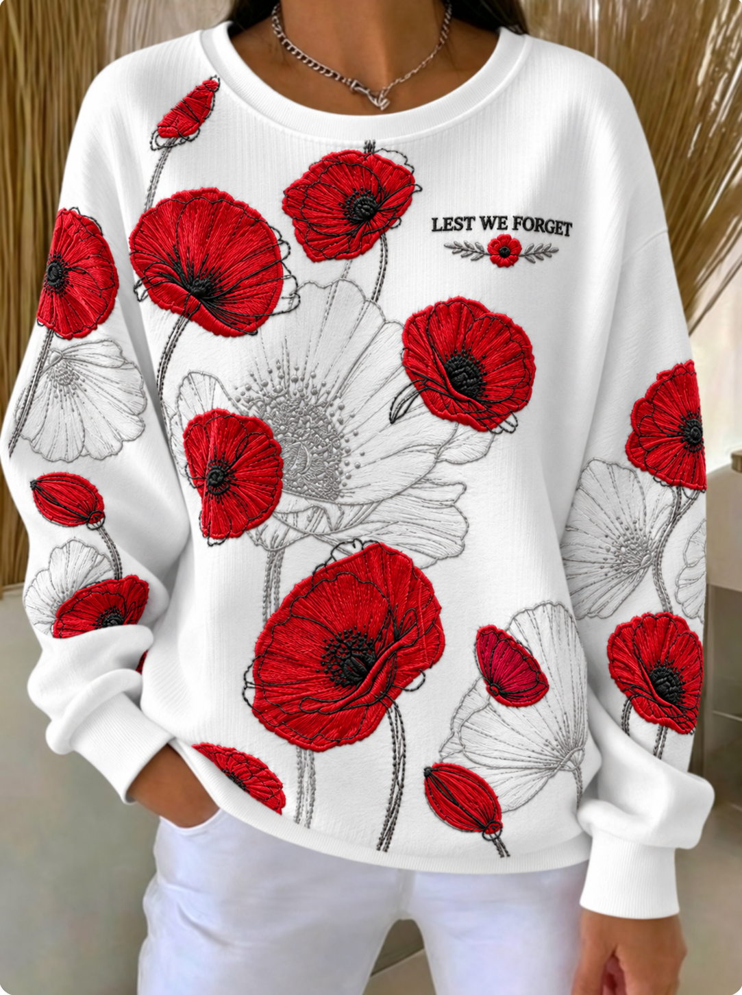 Women's Remembrance Day Lest We Forget Ribbed Round-Neck Sweatshirt