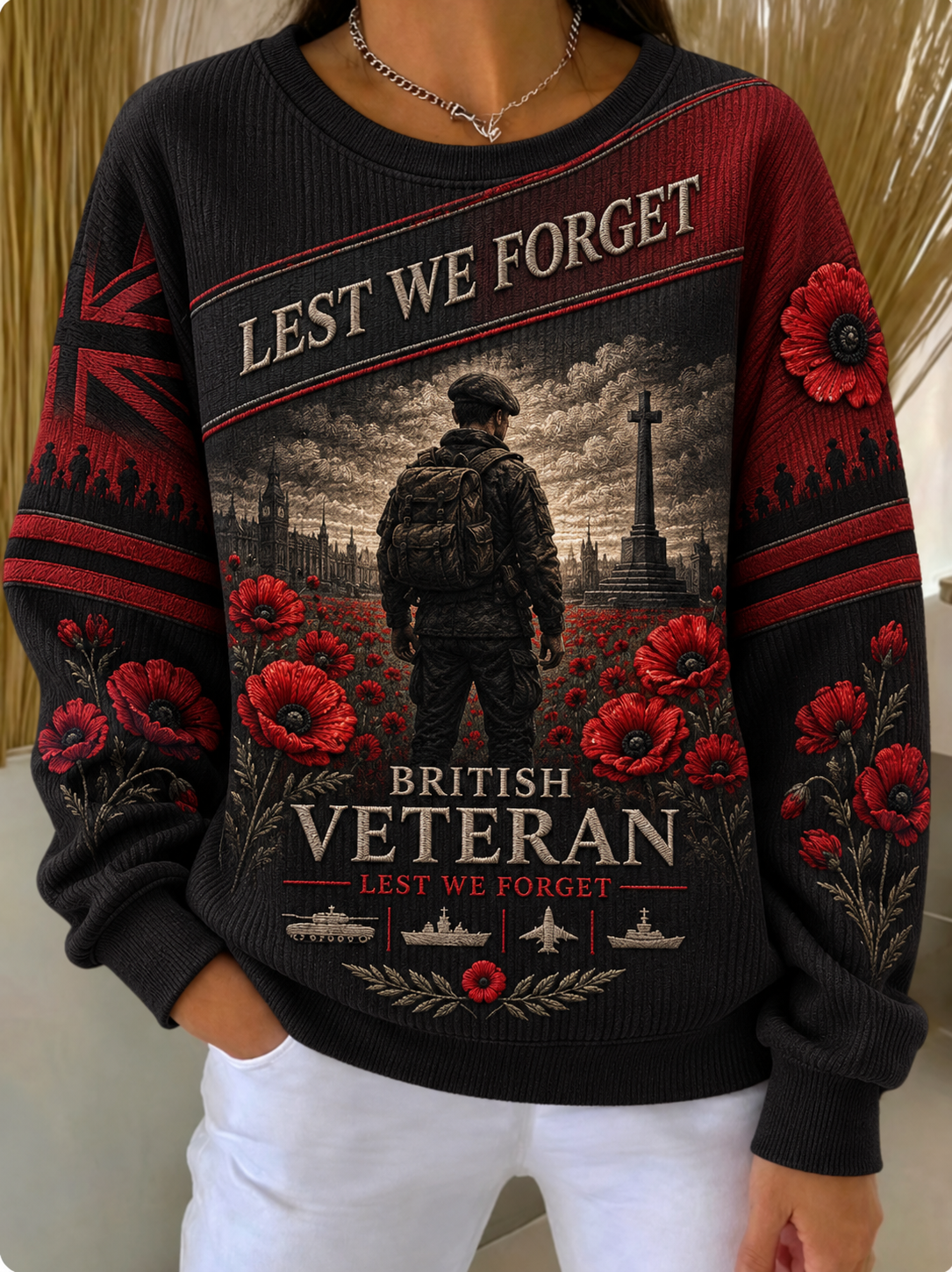Women's Remembrance Day Lest We Forget Ribbed Round-Neck Sweatshirt