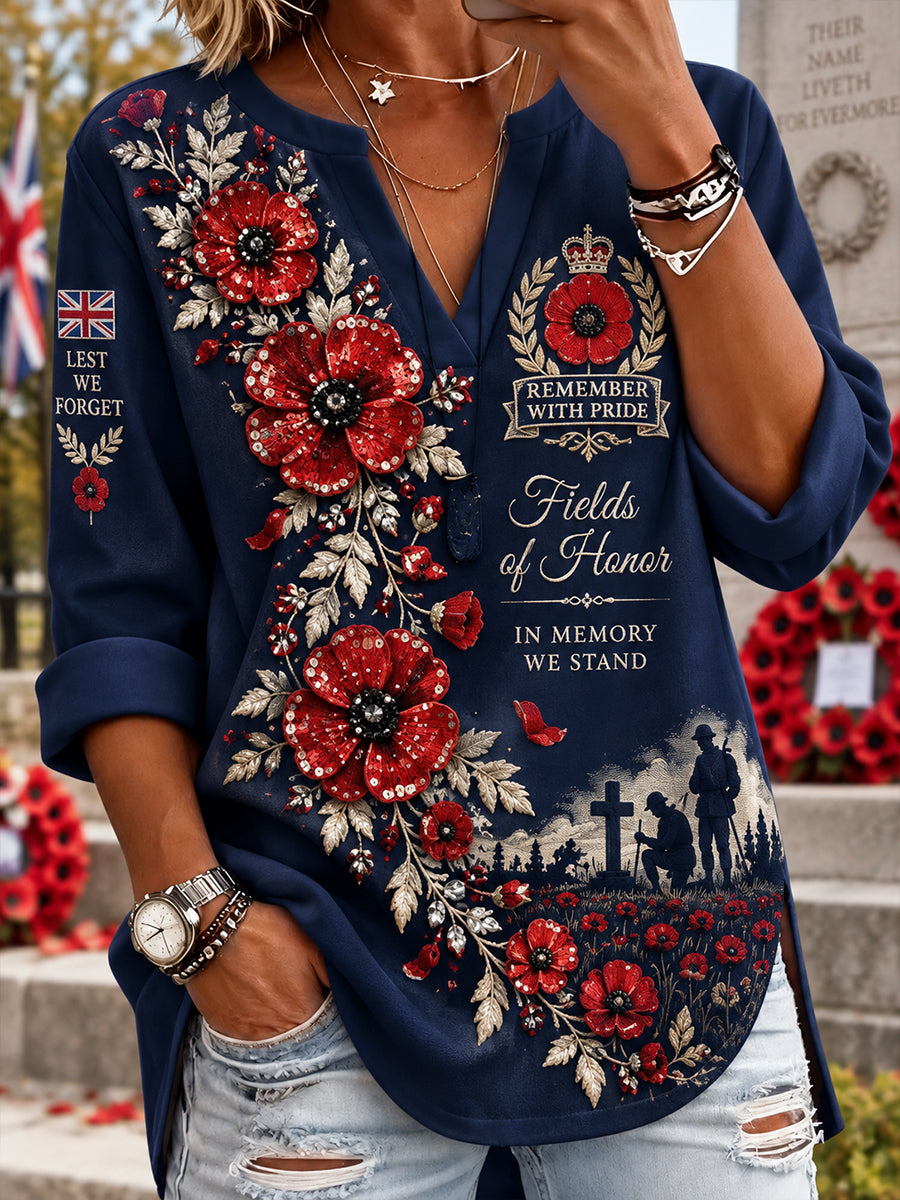 Women's Remembrance Day Print V-Neck Long-Sleeve Top