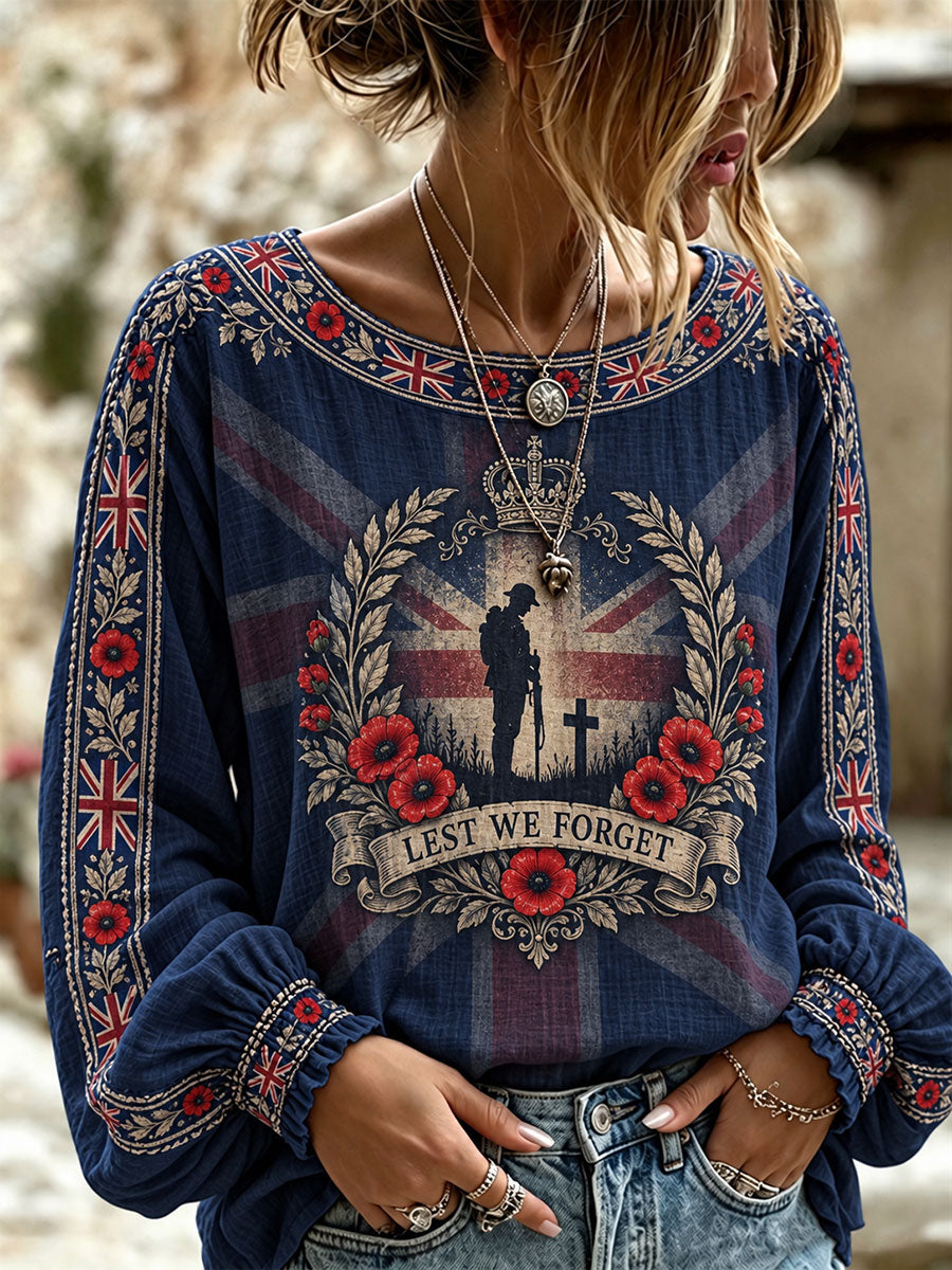 Women's Lest We Forget Print Cotton-Linen Shirt
