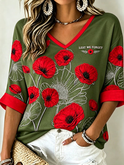 Women's Remembrance Day Lest We Forget Mid-length Sleeves V-Neck T-Shirt