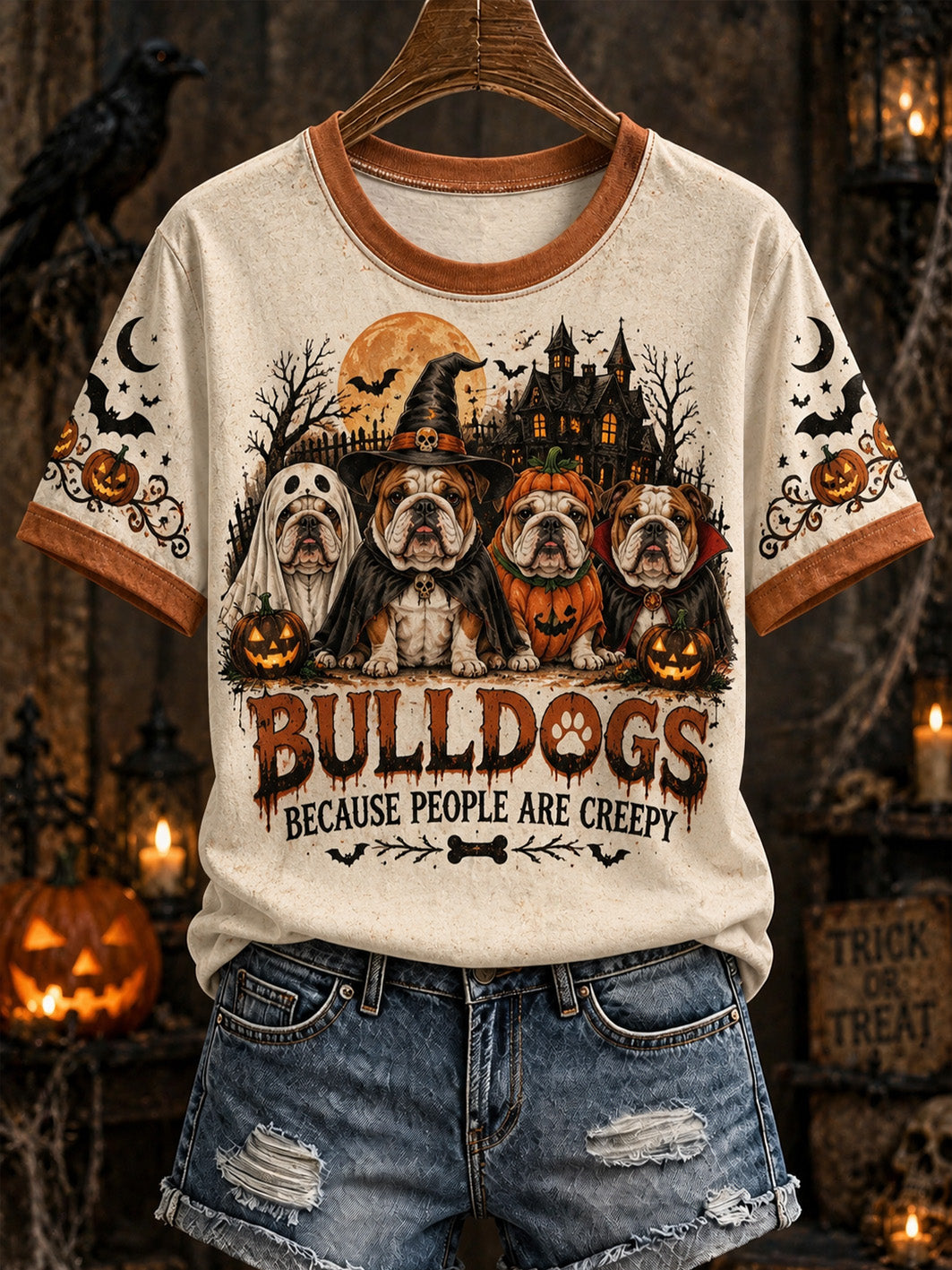 Women's Halloween Dog Pattern Design Casual Short Sleeve T-shirt
