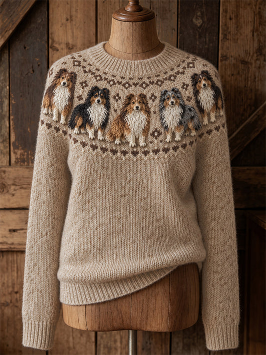 Women's Vintage Shetland Sheepdogs Yoke Isle Print crew neck sweater