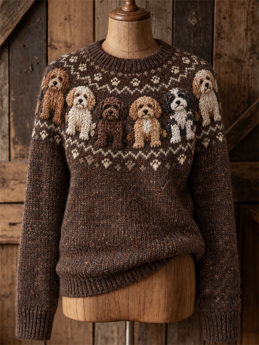 Women's Vintage Cockapoo Dogs Yoke Isle Print crew neck sweater