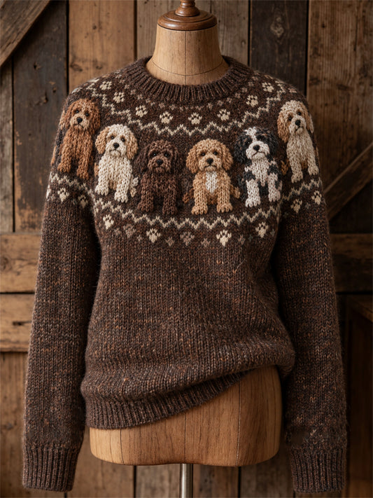 Women's Vintage Cockapoo Dogs Yoke Isle Print crew neck sweater