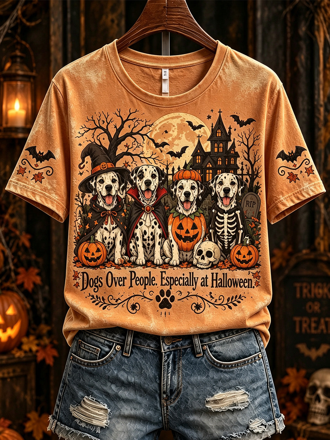Women's Halloween Dog Pattern Design Casual Short Sleeve T-shirt