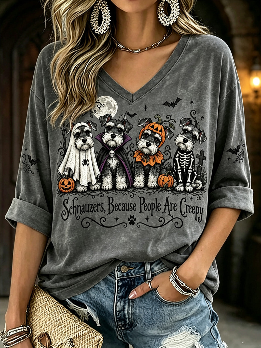 Women's Halloween Dog Design Casual Mid-length Sleeves v-Neck T-shirt