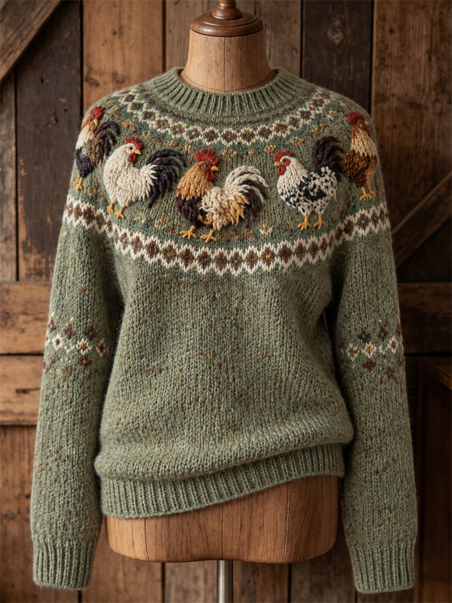 Women's Vintage Roosters Yoke Isle Print crew neck sweater