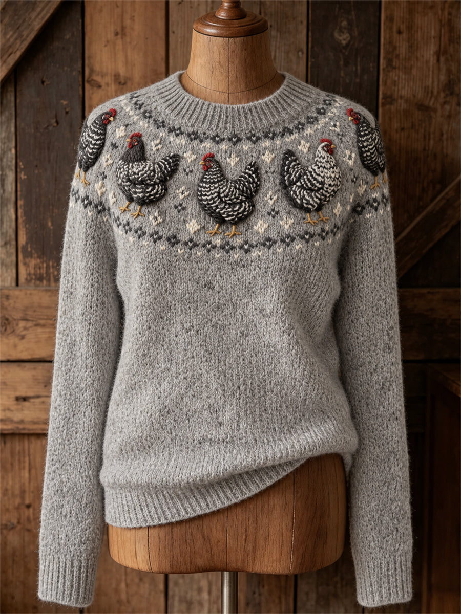 Women's Vintage Barred-feather Chicken Yoke Isle Print crew neck sweater