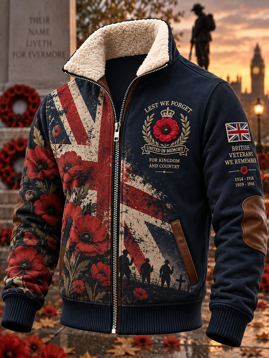 Men's High-Neck Zip-Up Jacket With Remembrance Day Veteran-Themed Print