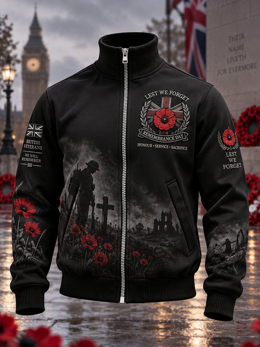 Men's High-Neck Zip-Up Jacket With Remembrance Day Veteran-Themed Print