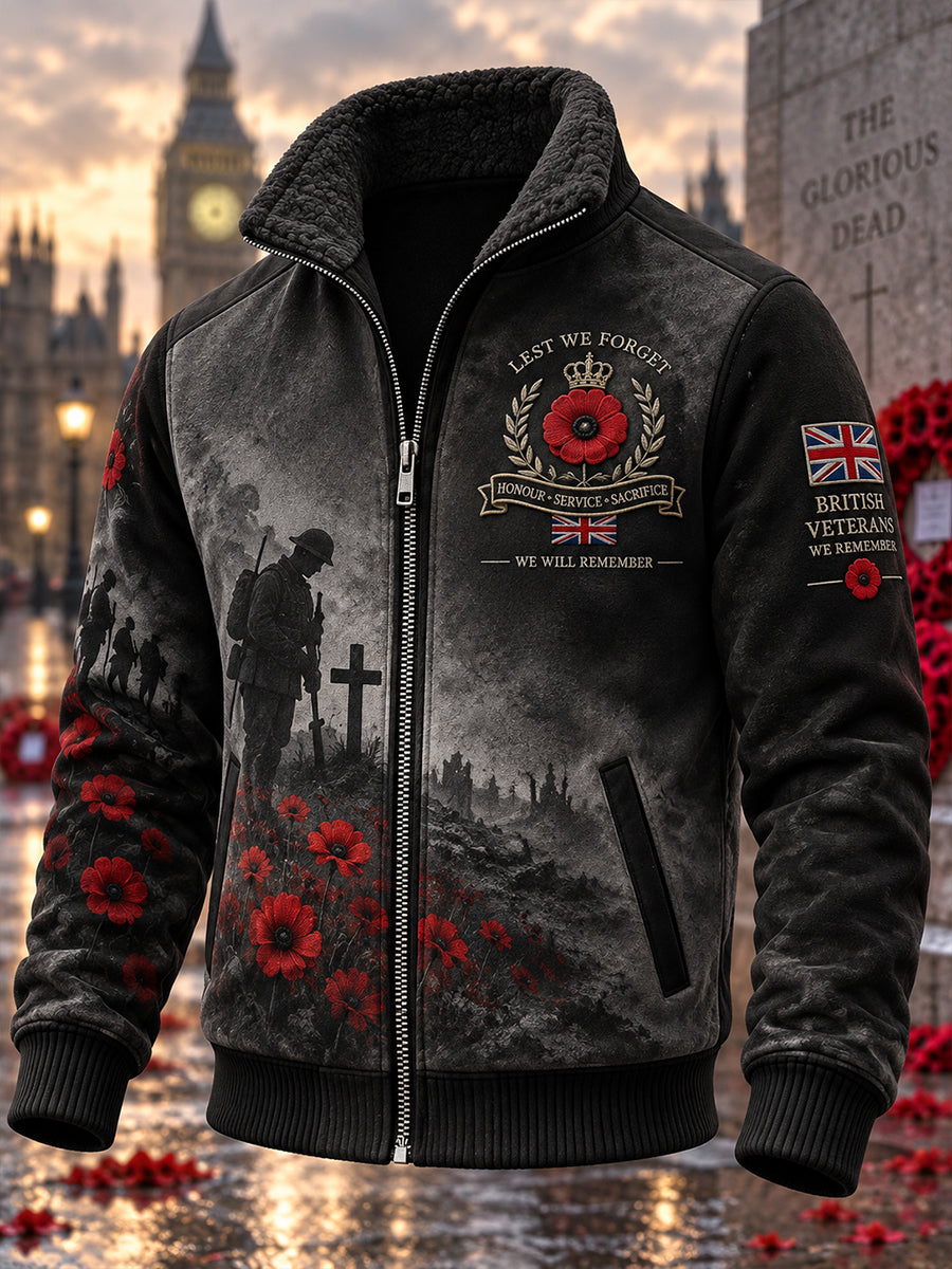 Men's High-Neck Zip-Up Jacket With Remembrance Day Veteran-Themed Print