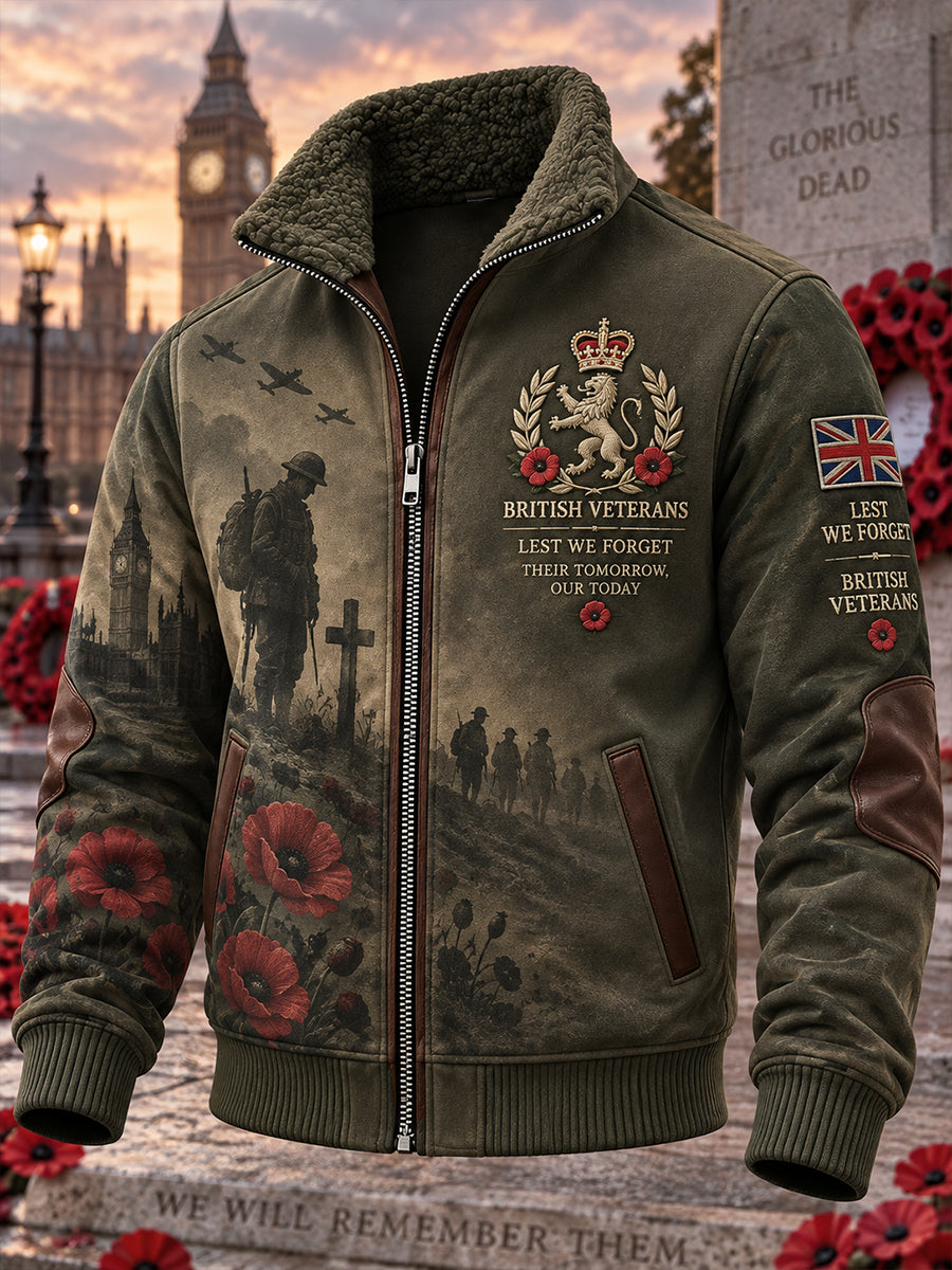 Men's High-Neck Zip-Up Jacket With Remembrance Day Veteran-Themed Print