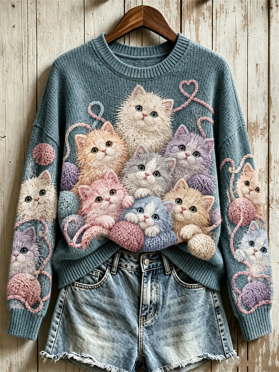 Women's Crowded Fuzzy Cats & Balls of Yarn Print crew neck sweater