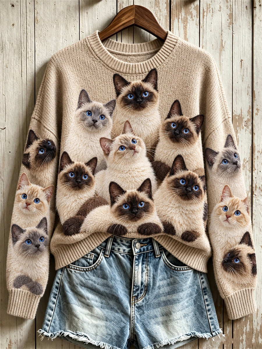 Women's Crowded Fuzzy Siamese Cats Print crew neck sweater