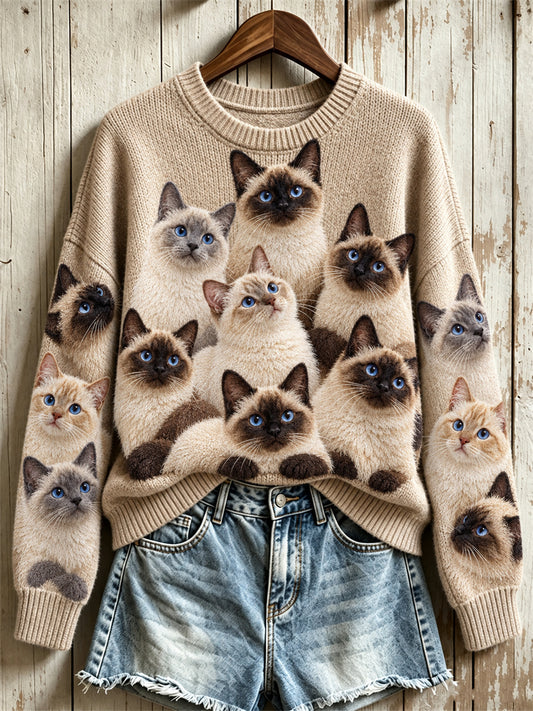 Women's Crowded Fuzzy Siamese Cats Print crew neck sweater