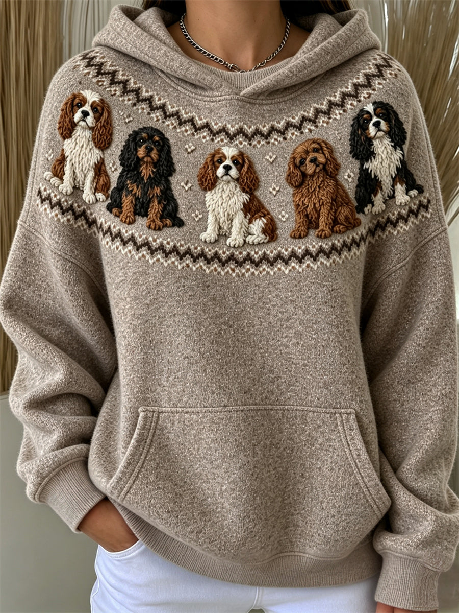 Women's Vintage Cavalier Dogs Yoke Isle Print Hoodie