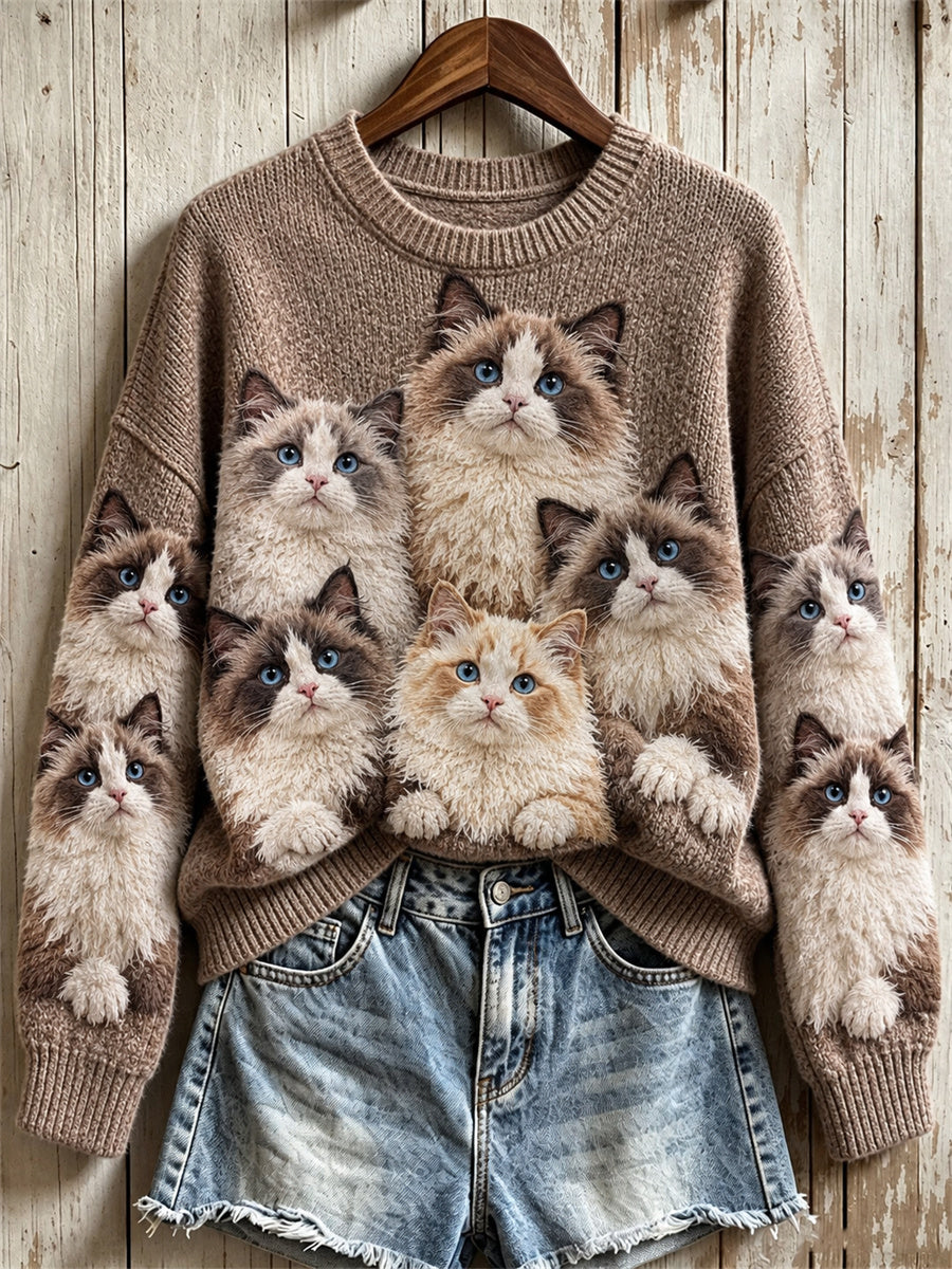 Women's Crowded Fuzzy Ragdoll Cats Print crew neck sweater