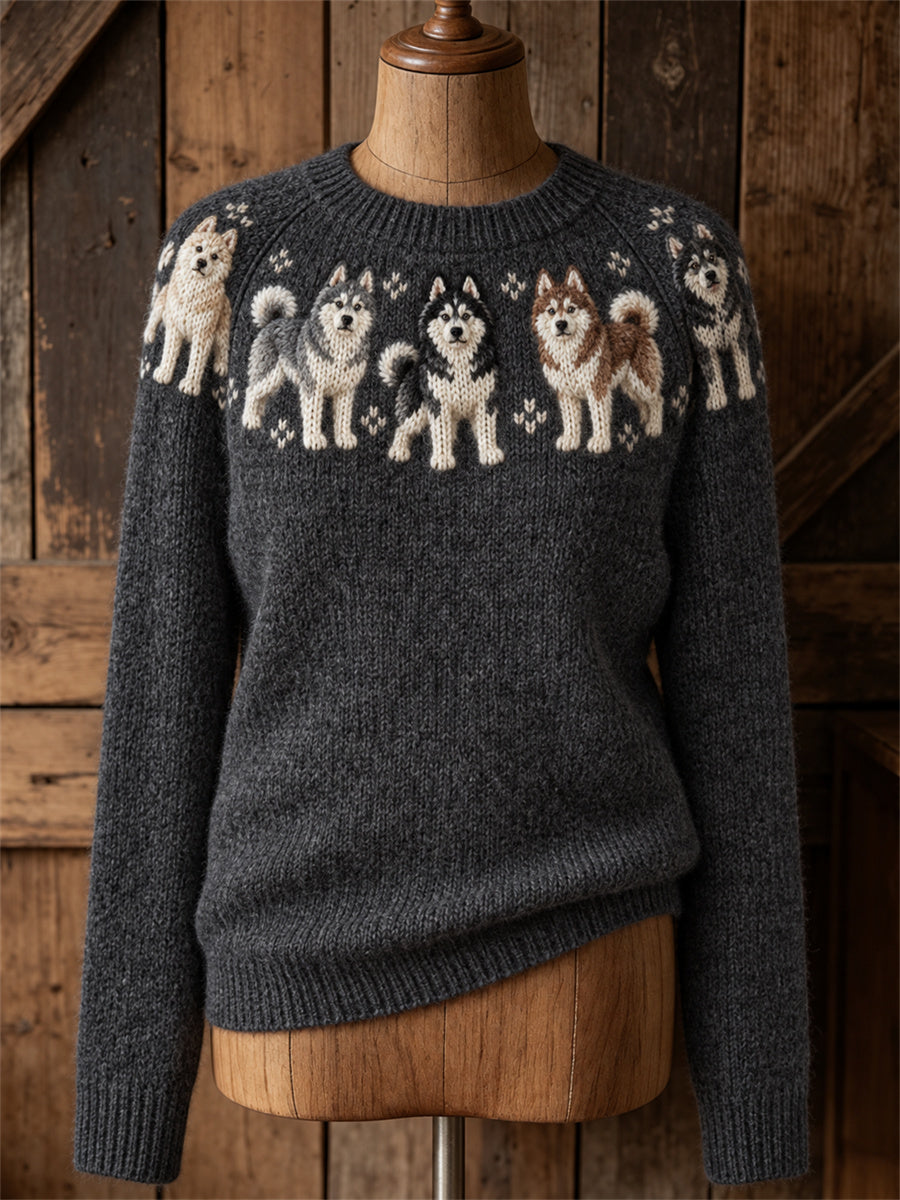Women's Vintage Husky Dogs Yoke Isle Print crew neck sweater