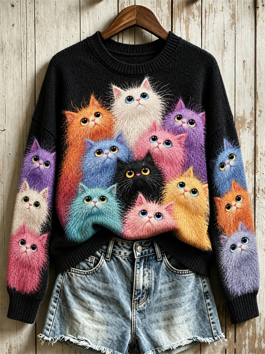 Women's Crowded Colorful Fuzzy Cats Print crew neck sweater