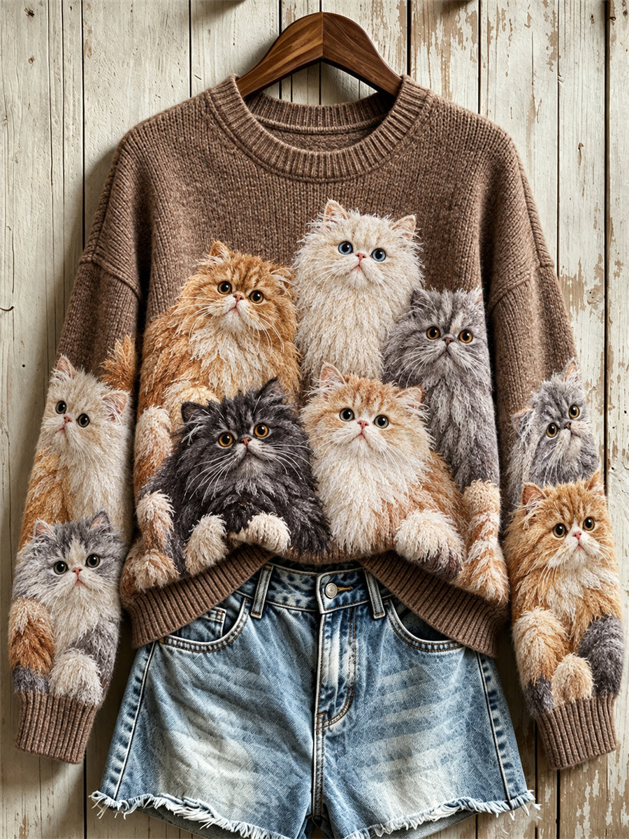 Women's Crowded Fuzzy Persian Cats Print crew neck sweater