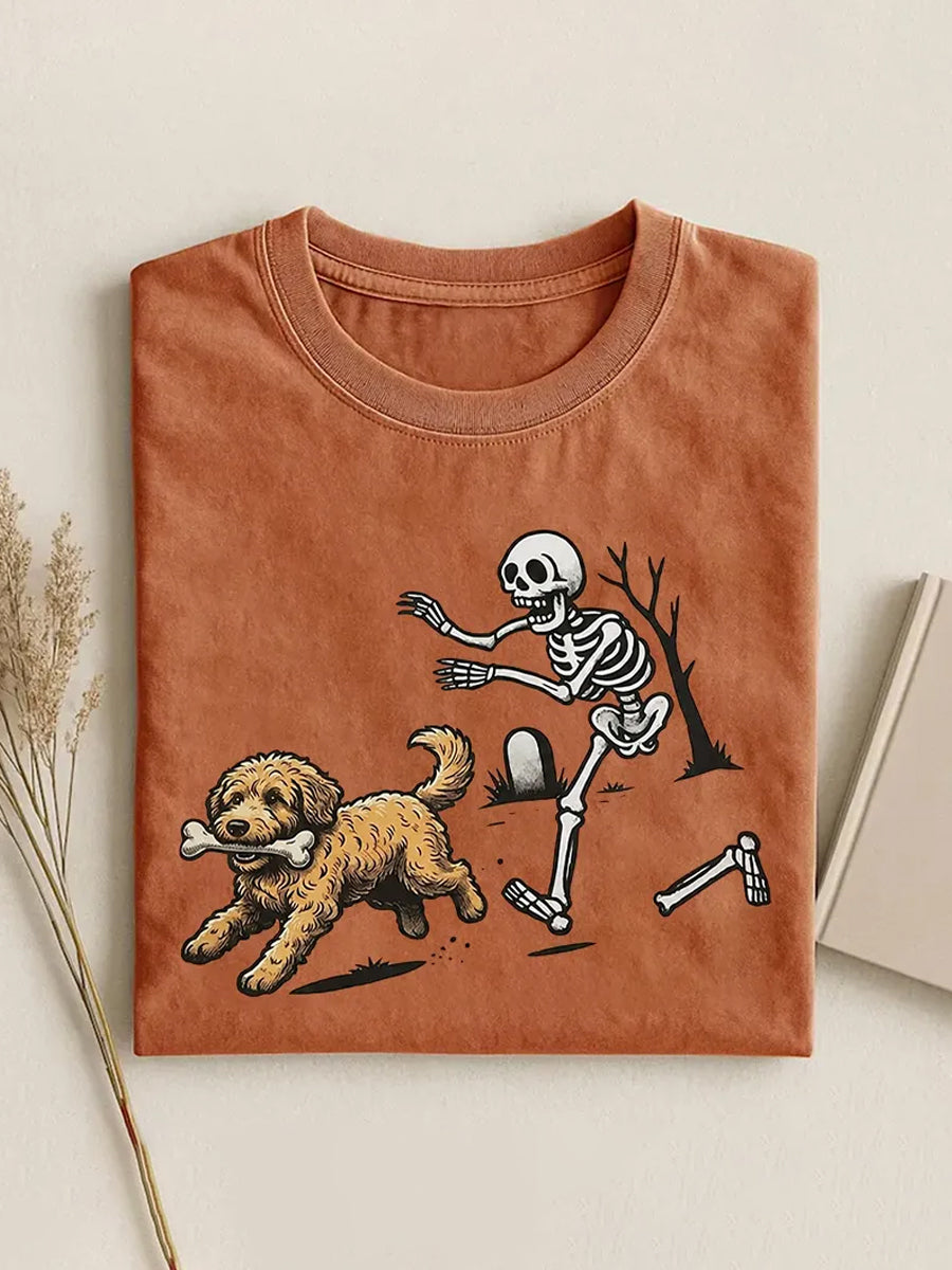 Women's Funny Halloween Dog And Skeleton Print Casual Tee