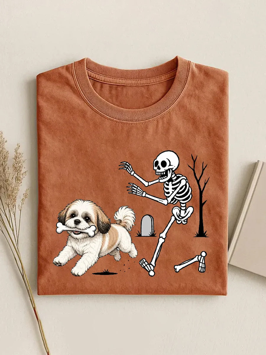 Women's Funny Halloween Dog And Skeleton Print Casual Tee