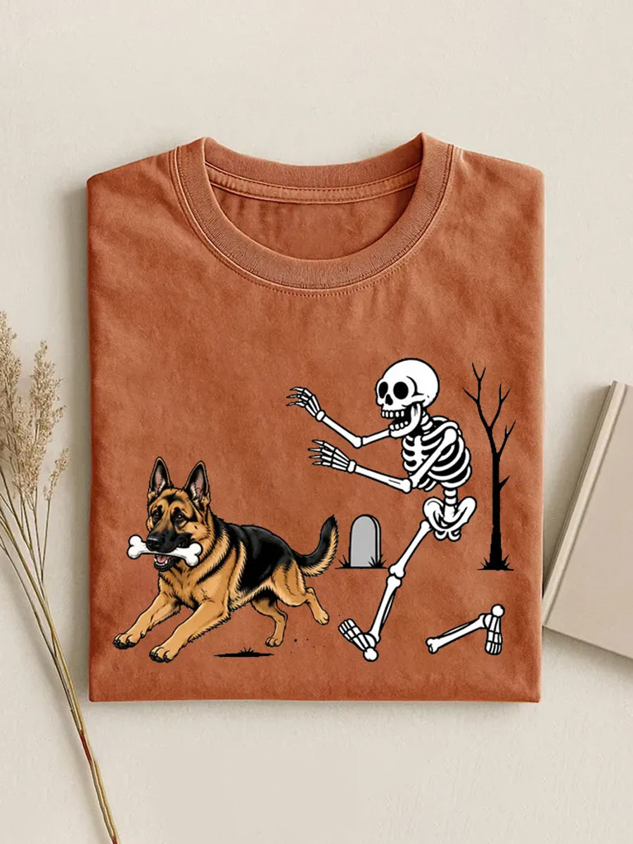 Women's Funny Halloween Dog And Skeleton Print Casual Tee
