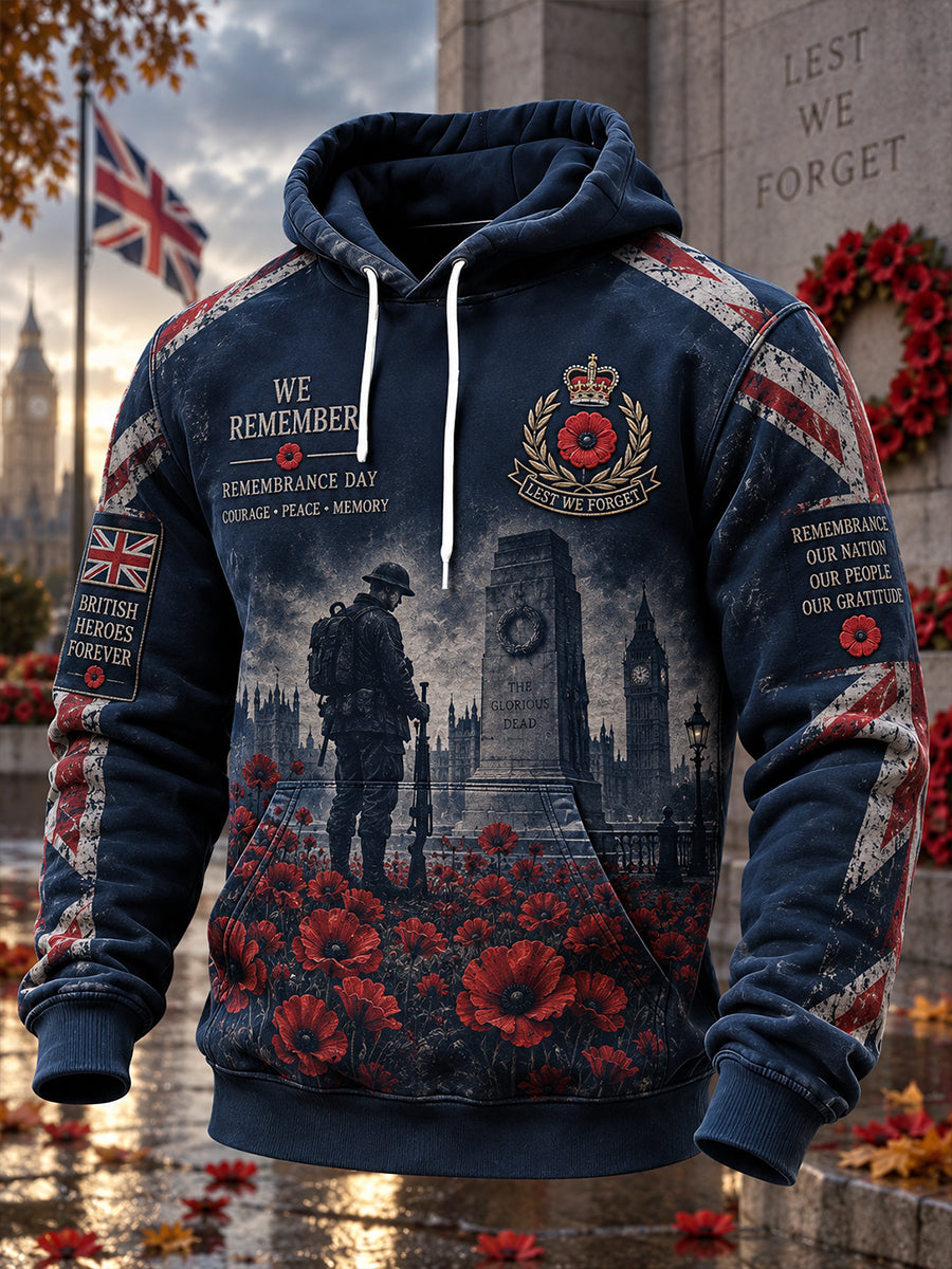 Men's Long-Sleeve Hoodie With Remembrance Day Veteran Commemorative Print