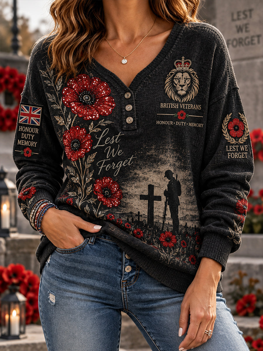 Women's Long-Sleeve Knit Top With Remembrance Day Veteran Commemoration Print