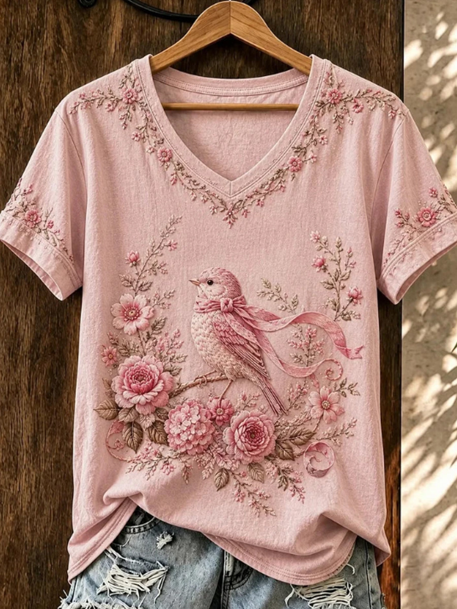 Women's Pink Ribbon Floral Bird Survivor Support V-Neck Shirt