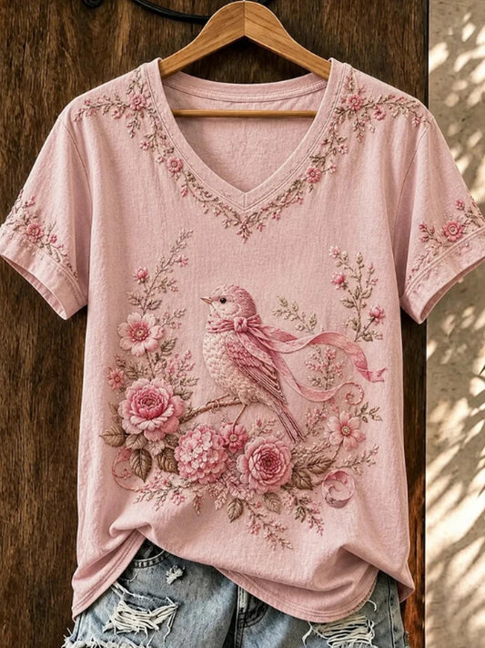 Women's Pink Ribbon Floral Bird Survivor Support V-Neck Shirt