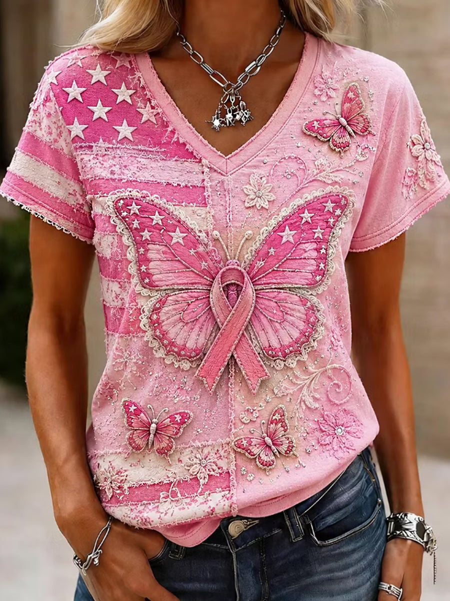 Women's Casual Breast Cancer Awareness Print T-Shirt