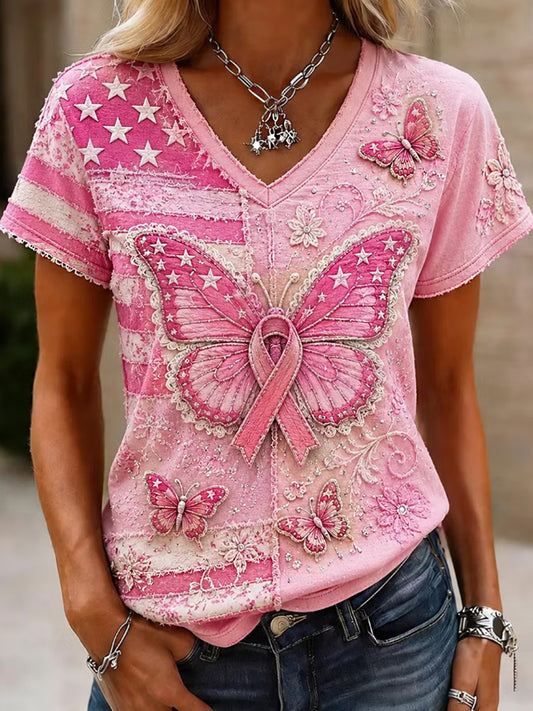 Women's Casual Breast Cancer Awareness Print T-Shirt