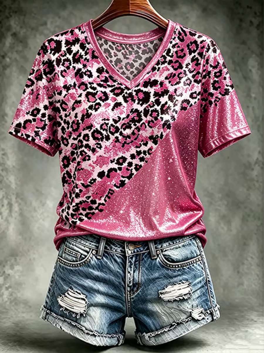 Women's Pink floral print short-sleeved T-shirt