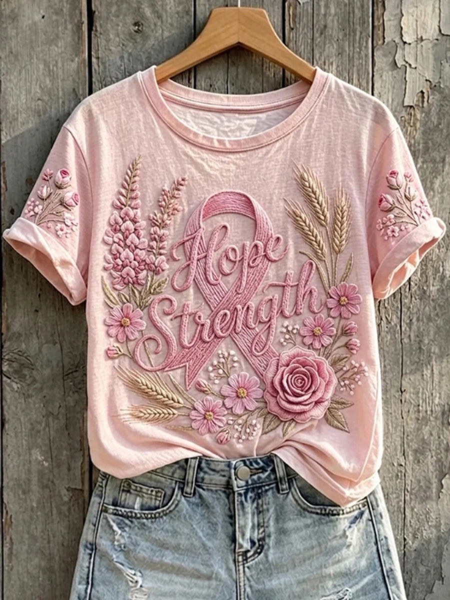 Women's Pink Floral Ribbon Motivational Tee