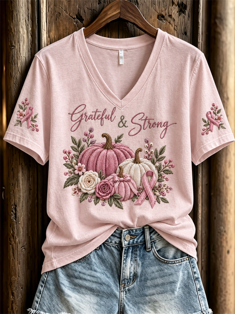 Women's Grateful & Strong Pink Pumpkin Floral Print short-sleeved T-shirt