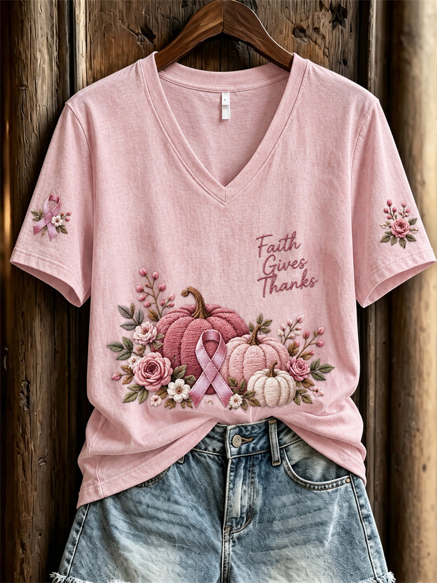 Women's Faith Gives Thanks Pink Pumpkin Floral Print short-sleeved T-shirt