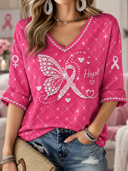 Women's Mid-length Sleeves V-Neck T-Shirt