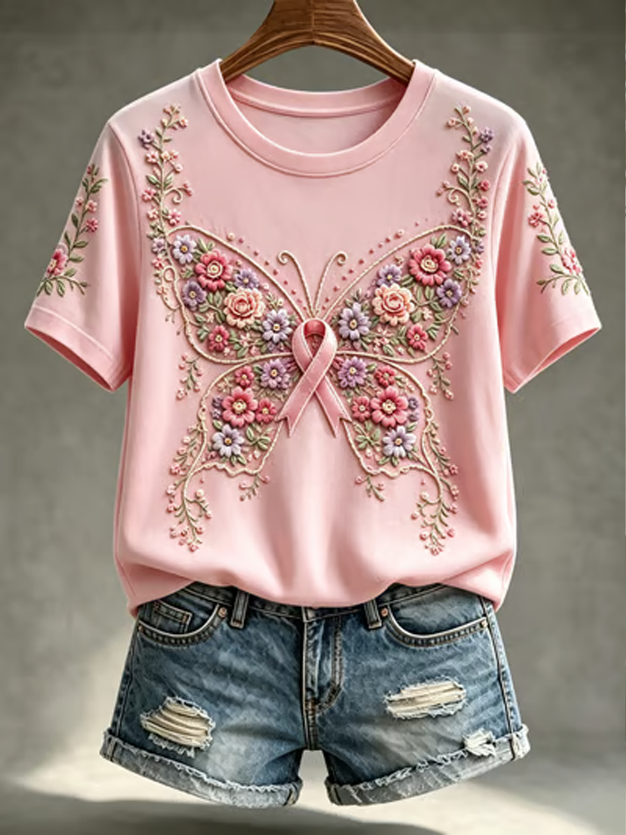 Women's Pink floral print short-sleeved T-shirt