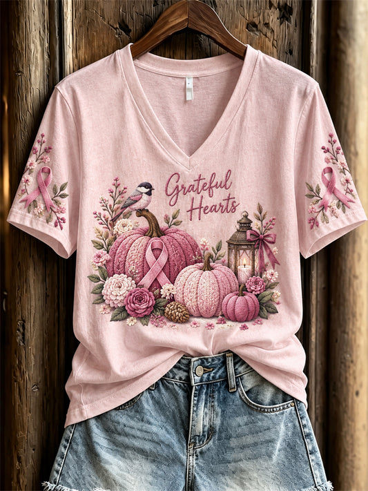 Women's Grateful Hearts Pink Pumpkin Floral Print short-sleeved T-shirt