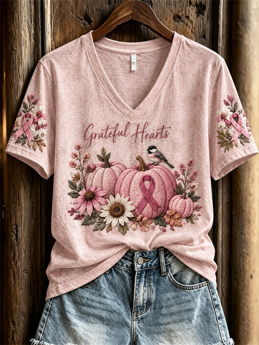 Women's Grateful Hearts Pink Pumpkin Floral Print short-sleeved T-shirt