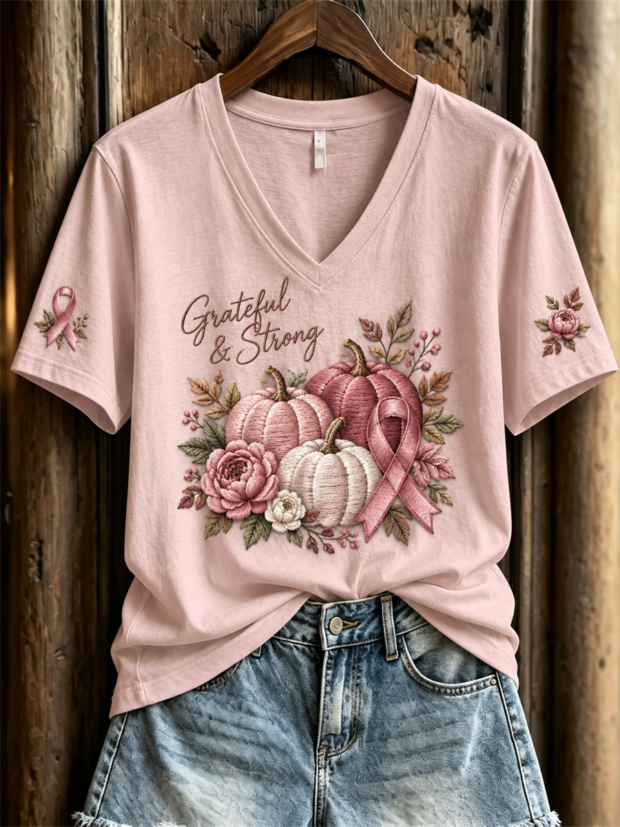 Women's Grateful & Strong Pink Pumpkin Floral Print short-sleeved T-shirt