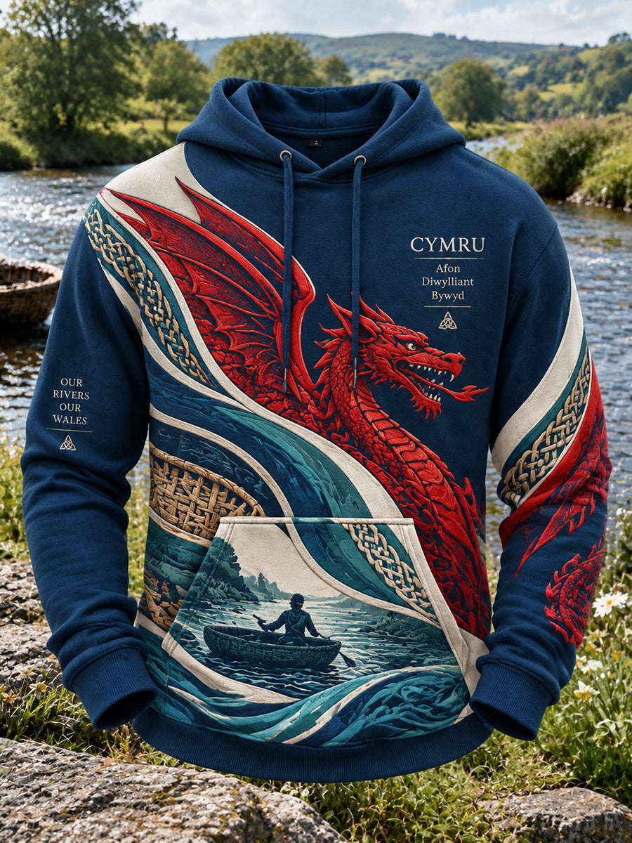 Men's Vintage British Wales Printed Drop-Shoulder Hoodie