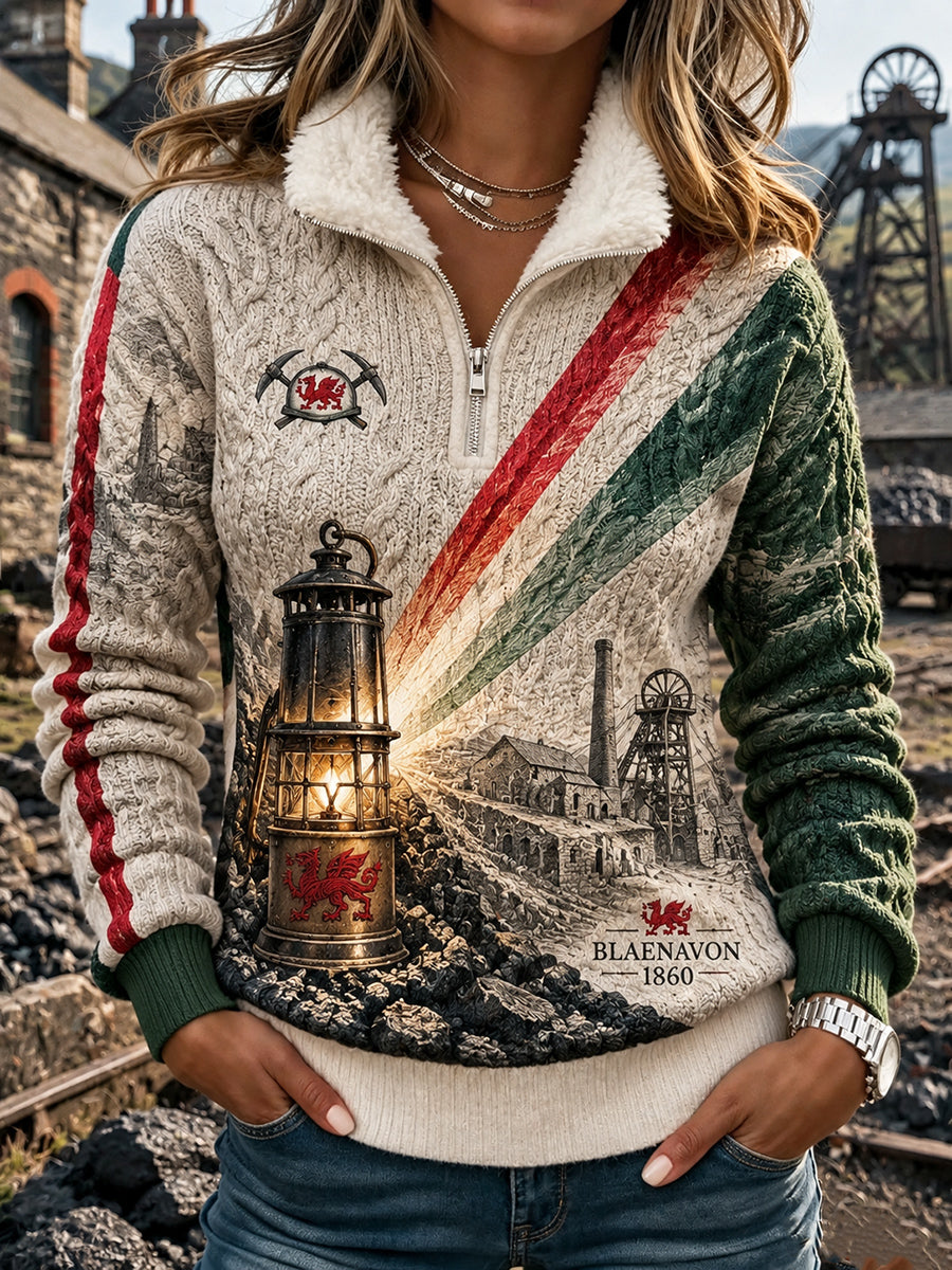 Women's  Vintage British Wales Printed Fur-collar Sweatshirt