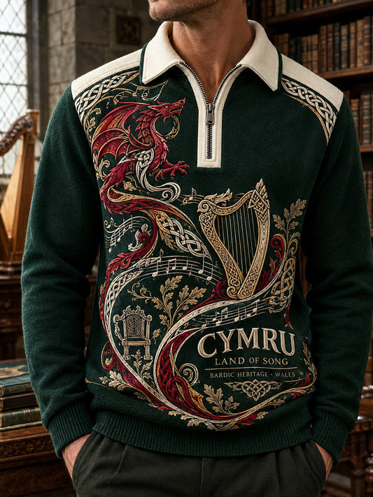 Men's Vintage British Wales Printed Zip-Up Hoodie